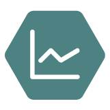 A white icon of a line chart going up on a light teal hexagon background